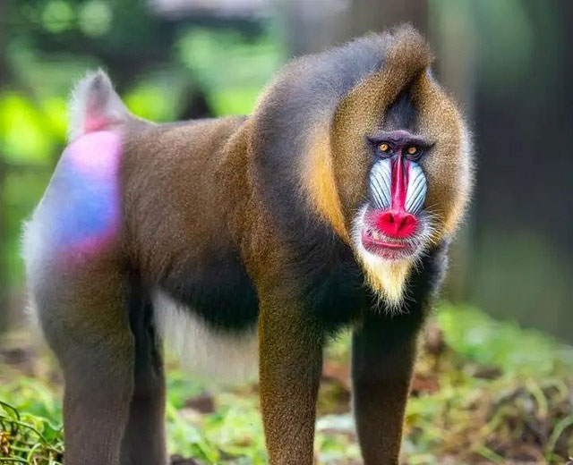 Khỉ Mandrill là loài khỉ lớn, con đực trưởng thành có thể dài tới 90 cm (3 ft) và nặng tới 50 kg (110 lb), con cái nhỏ hơn một chút. Loài khỉ này có bộ lông dày với nhiều màu sắc khác nhau, bao gồm xanh lá cây, vàng, cam, đỏ và xanh lam. Màu sắc sặc sỡ này giúp chúng giao tiếp và thu hút bạn tình.